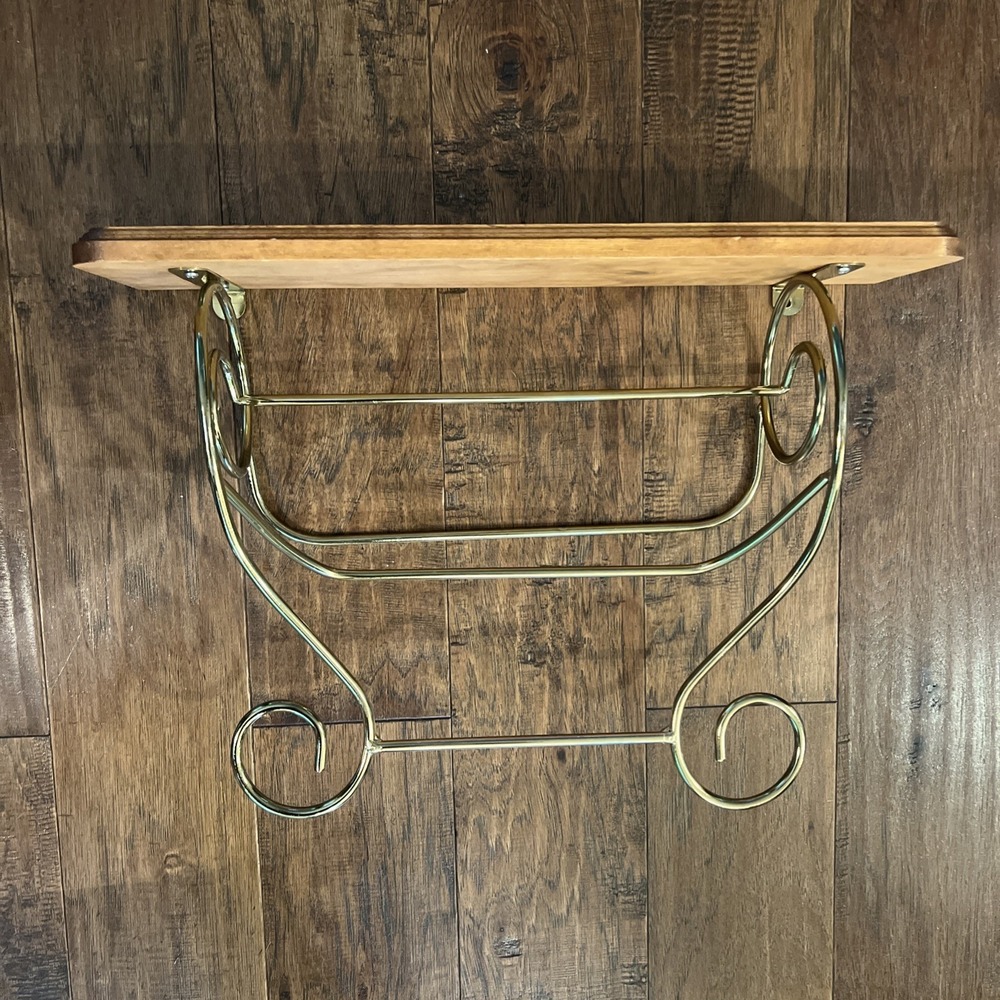 Vintage Home Interiors Wood Wall Shelf Gold Tone Scroll Metal  2 Towel Rack 17.5